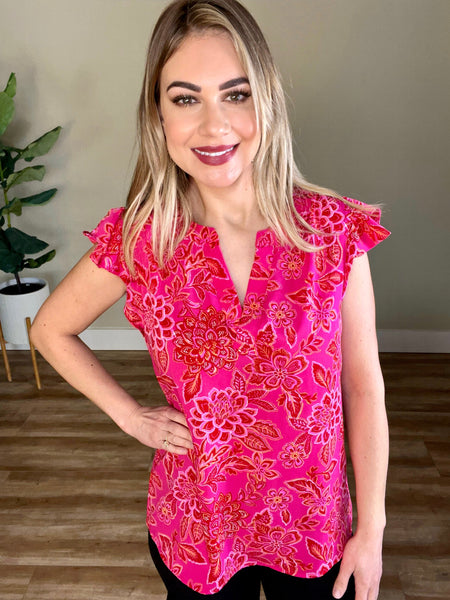 2.26 Flutter Sleeve Blouse In Hot pink Florals
