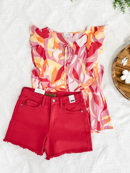 1.29 Mid Rise Frayed Hem Shorts By Judy Blue Jeans In Hot Tamale