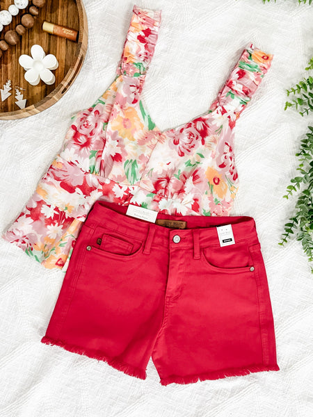 1.29 Mid Rise Frayed Hem Shorts By Judy Blue Jeans In Hot Tamale