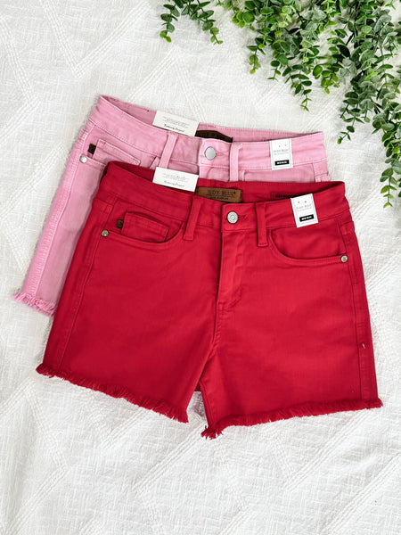 1.29 Mid Rise Frayed Hem Shorts By Judy Blue Jeans In Hot Tamale