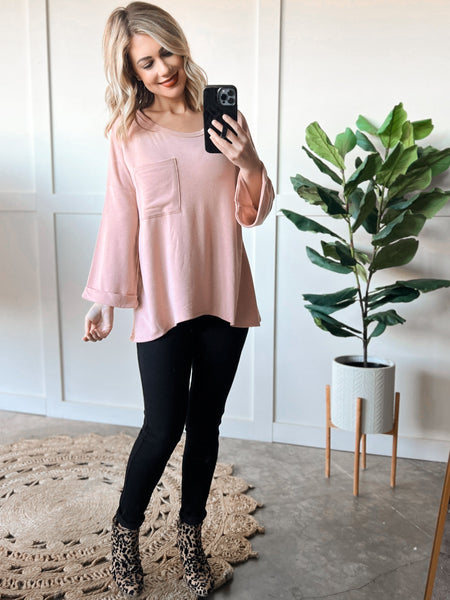 Sweatshirt Pocket Top In Rose With Pinned Sleeve