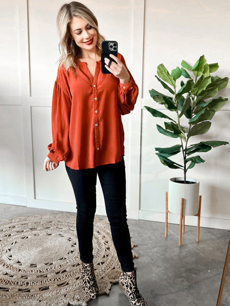 Long Sleeve Button Front Blouse In Amber