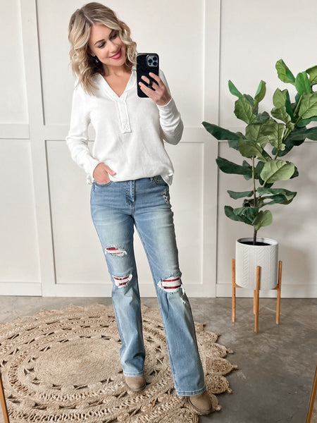 Collared Long Sleeve Thermal Knit Top In White