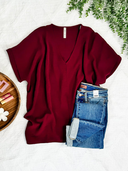 Oversized V Neck Blouse In Wine