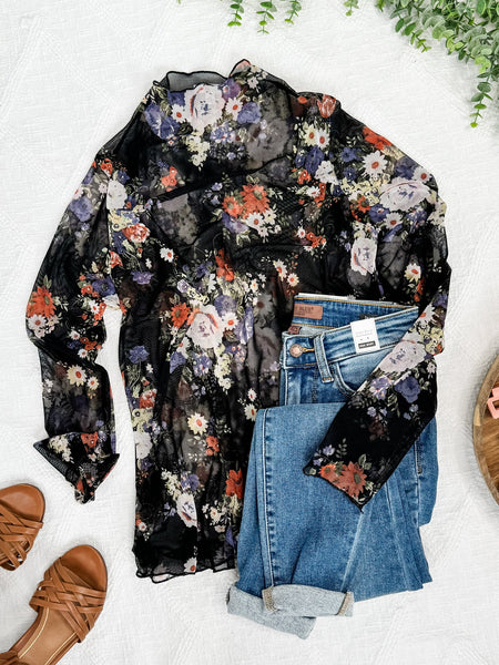 2.7 Sheer Floral Layering Mock Neck Top In Dark Florals