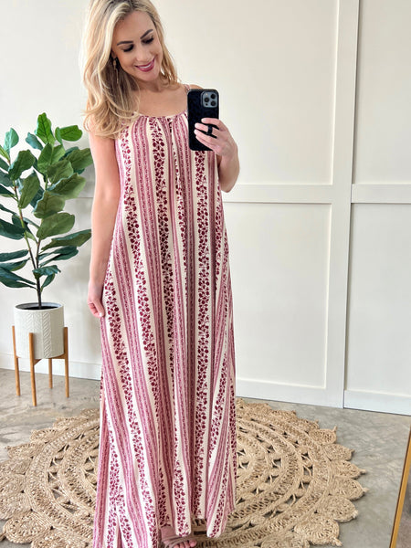 Maxi Dress In Soft Burgundy Florals With Pockets
