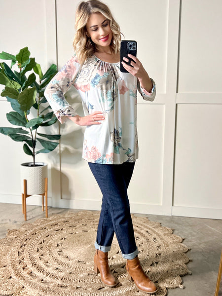 Ivory Floral Three-Quarter Sleeve Top With Button Detail