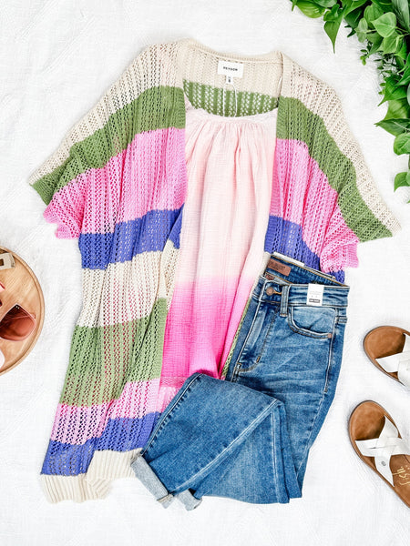 Striped Open Knit Cardigan In Pink, Green, Tan & Blue