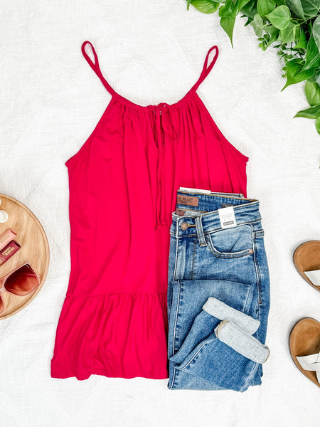 Adjustable Sleeveless Ruffle Hem Top In Fruit Punch