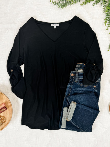 V Neck Stretchy Blouse Top With Button Sleeve Detail In Black