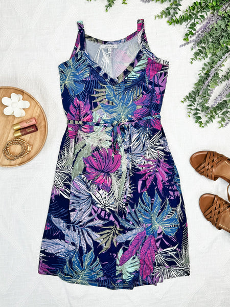 Printed Palm Dress With Tie Belt In Navy Multicolors