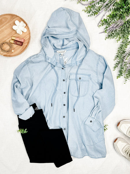 Hooded Button Front Top In Light Denim