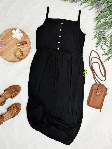 Decorative Button Front Maxi Dress With Pockets In Midnight Black