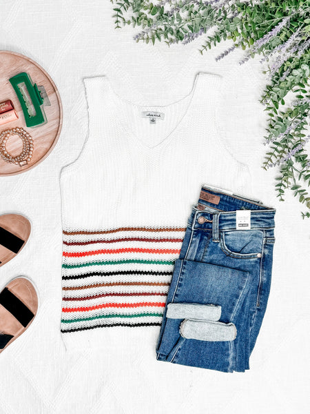 Striped Sweater Knit Sleeveless Top In White