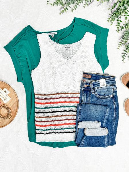 Striped Sweater Knit Sleeveless Top In White