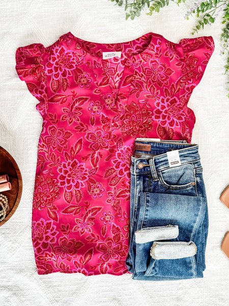 2.26 Flutter Sleeve Blouse In Hot pink Florals