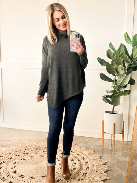 Mock Neck Top With Handkerchief Hem Detail In Spruce