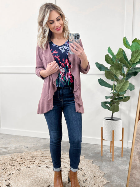 12.13 Open Front Ruffle Cardigan In Amethyst