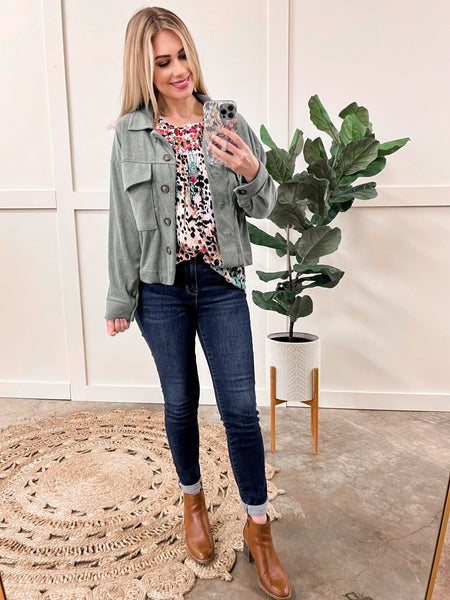 12.18 Terry Cloth Light Shacket In Sea Green