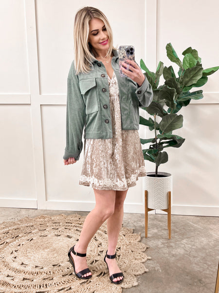 12.18 Terry Cloth Light Shacket In Sea Green