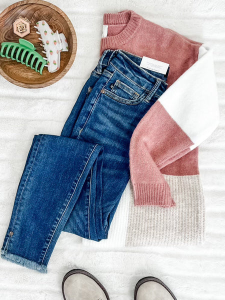 Color Block Knit Sweater In Mauve, Taupe & White