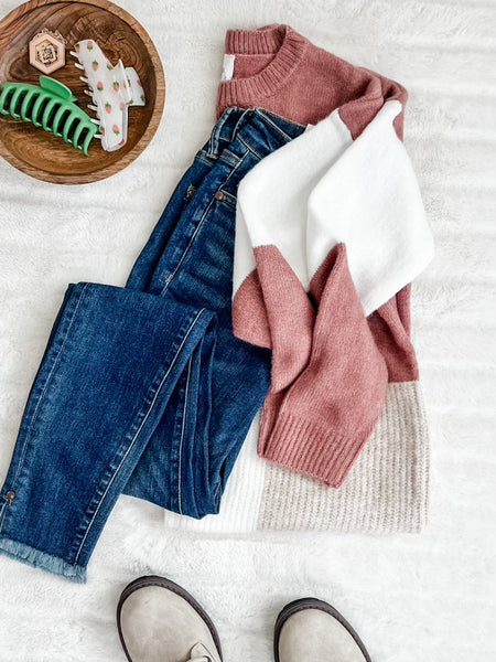 Color Block Knit Sweater In Mauve, Taupe & White