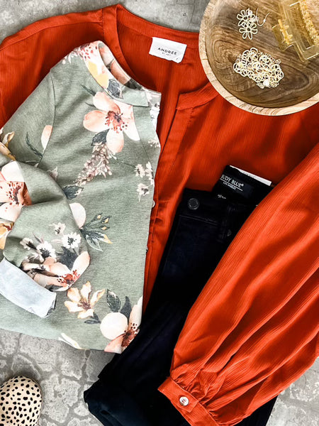Long Sleeve Button Front Blouse In Amber
