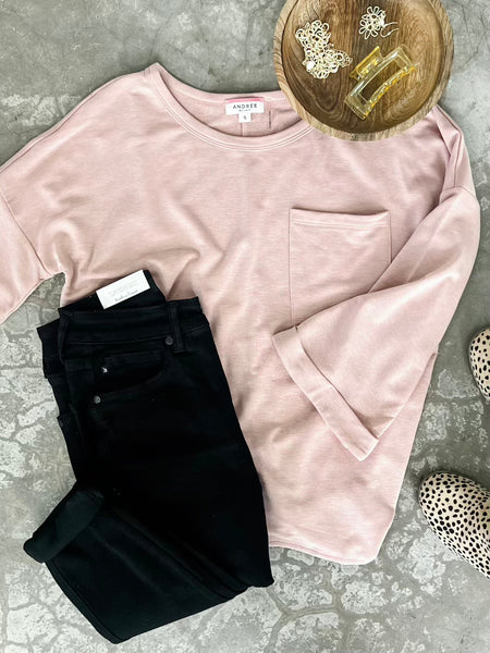 Sweatshirt Pocket Top In Rose With Pinned Sleeve