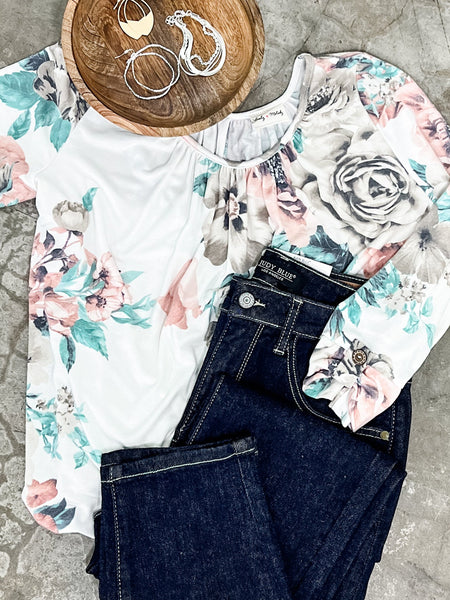 Ivory Floral Three-Quarter Sleeve Top With Button Detail