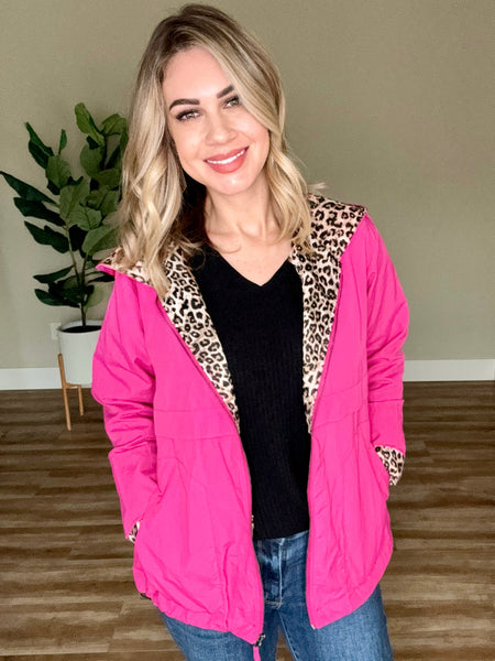 Lightweight Hooded Jacket With Animal Print Detail In Hot Pink