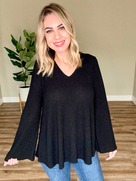 V Neck Fit & Flare Sweater Knit Top In Black
