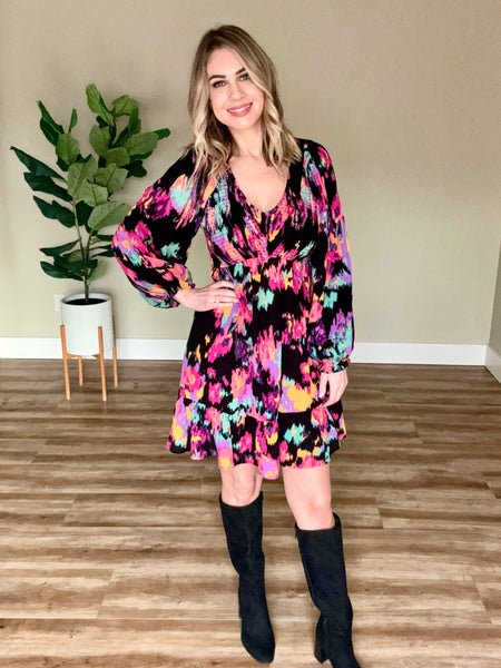 Smocked Long Sleeve Dress In Abstract Colors