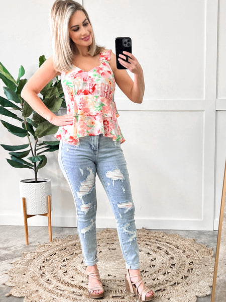 Layered, Tiered V Neck Sleeveless Top In Pink Florals