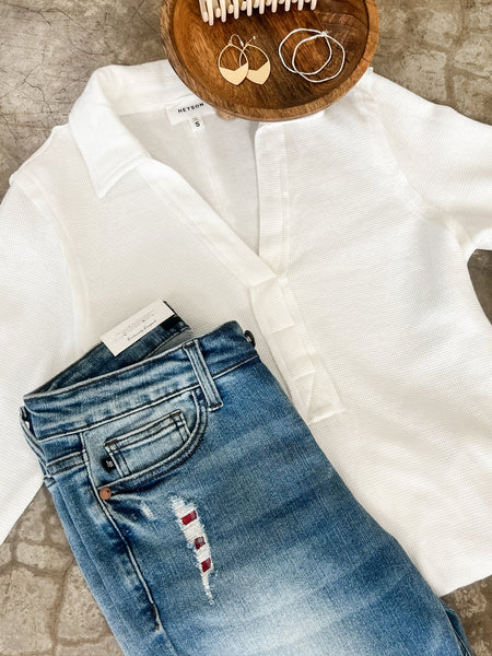 Collared Long Sleeve Thermal Knit Top In White