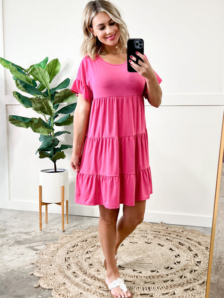 Tiered Shift Dress In Pink Peony
