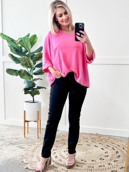 Oversized Knit Pocket Top In Bright Pink