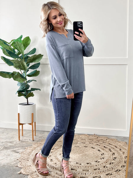 Long Sleeve Pointelle Henley Top In Blue Haze