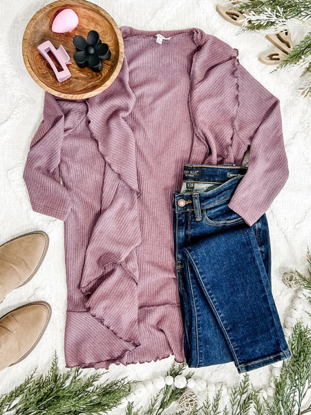 12.13 Open Front Ruffle Cardigan In Amethyst