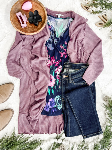 12.13 Open Front Ruffle Cardigan In Amethyst