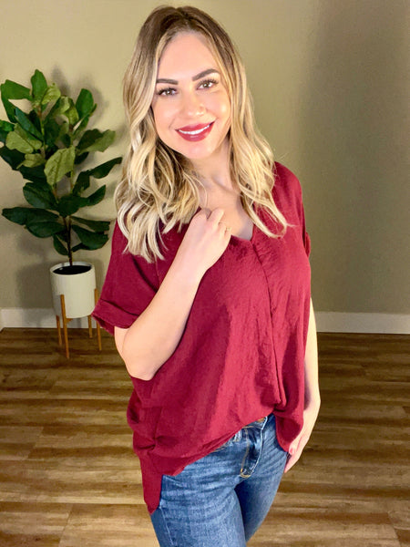 Oversized V Neck Blouse In Wine