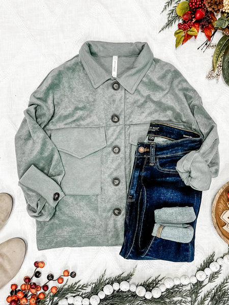 12.18 Terry Cloth Light Shacket In Sea Green