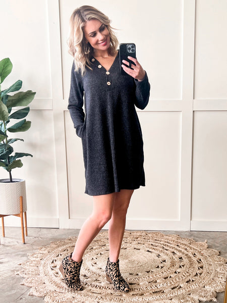 Soft Decorative Button Front Dress In Charcoal