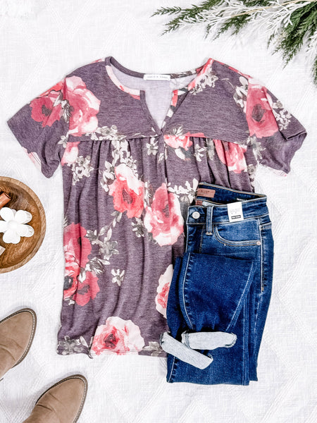Front Seam Detail Top In Plum Florals