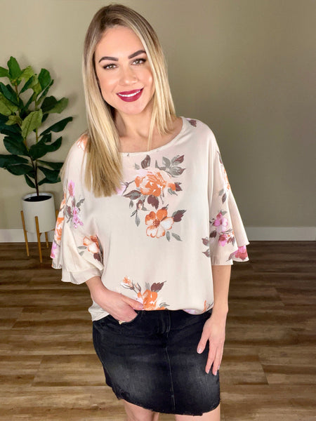 Double Ruffle Blouse In Apricot Spring Florals