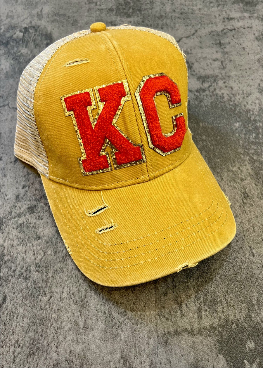 KC CHENILLE PATCH DISTRESSED HIGH PONY HATS