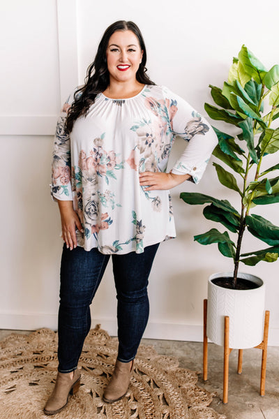 Ivory Floral Three-Quarter Sleeve Top With Button Detail