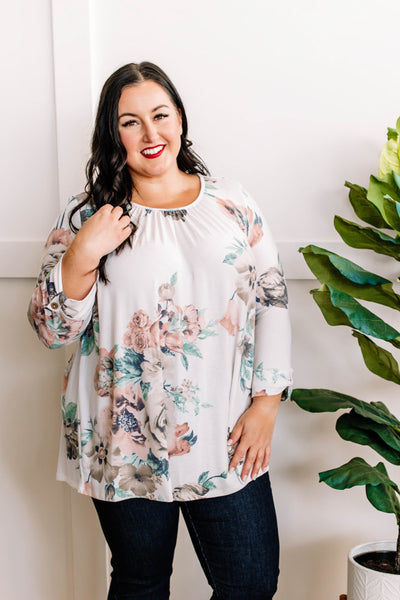 Ivory Floral Three-Quarter Sleeve Top With Button Detail