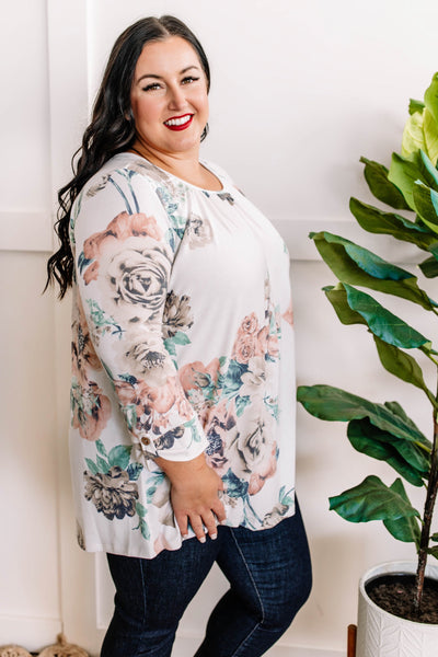 Ivory Floral Three-Quarter Sleeve Top With Button Detail