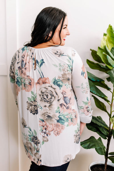 Ivory Floral Three-Quarter Sleeve Top With Button Detail