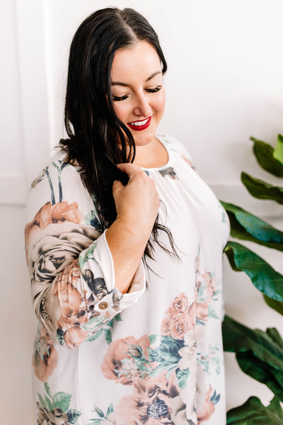 Ivory Floral Three-Quarter Sleeve Top With Button Detail